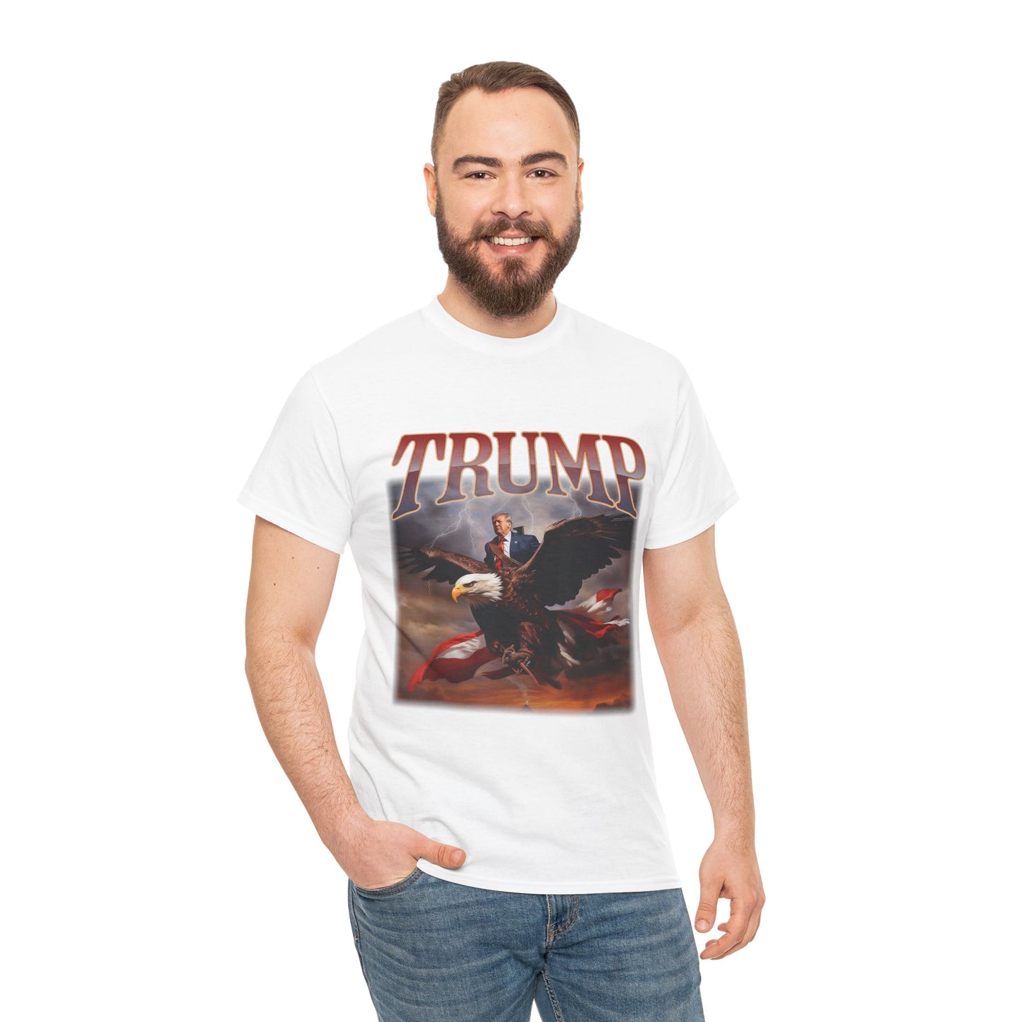 Trump with Bald Eagle USA Flag Unisex Heavy Cotton Tee